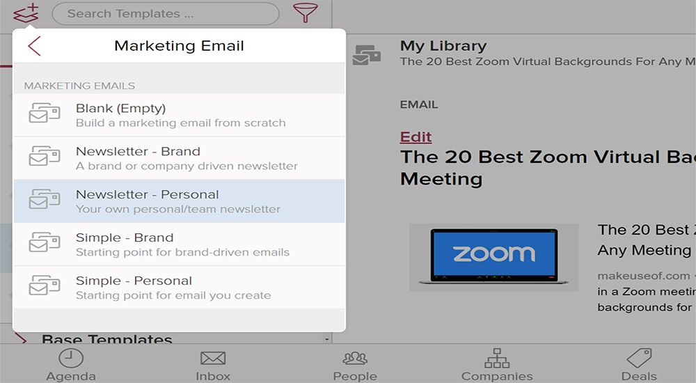 Cloze app's section for marketing email formats