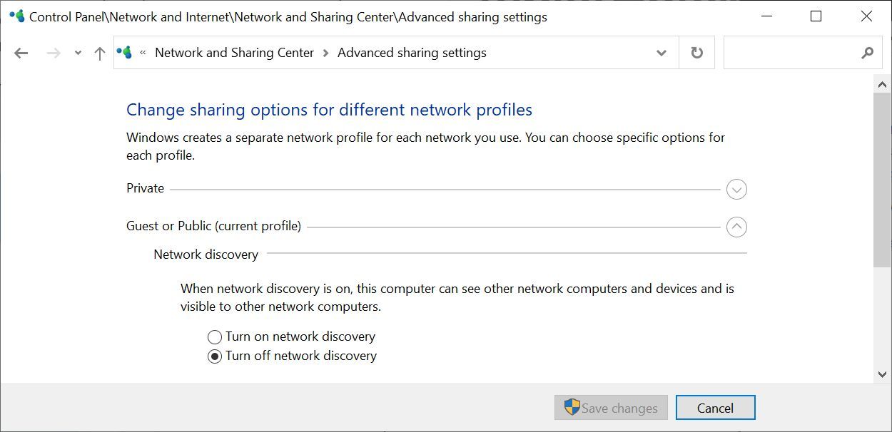 Advanced sharing settings for network discovery in the Windows 10 Control Panel.