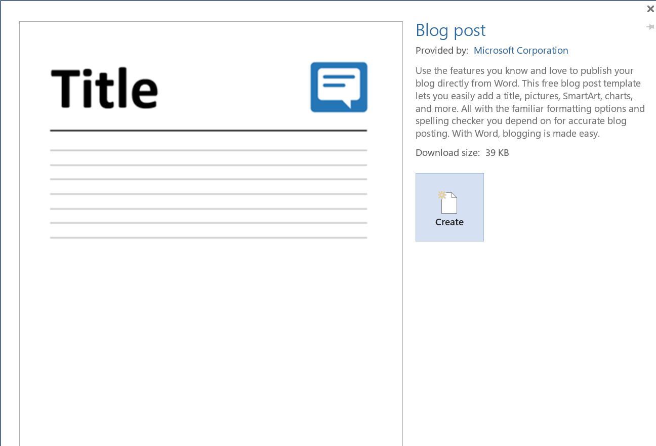 Screenshot of New Microsoft Word Blog Post Window