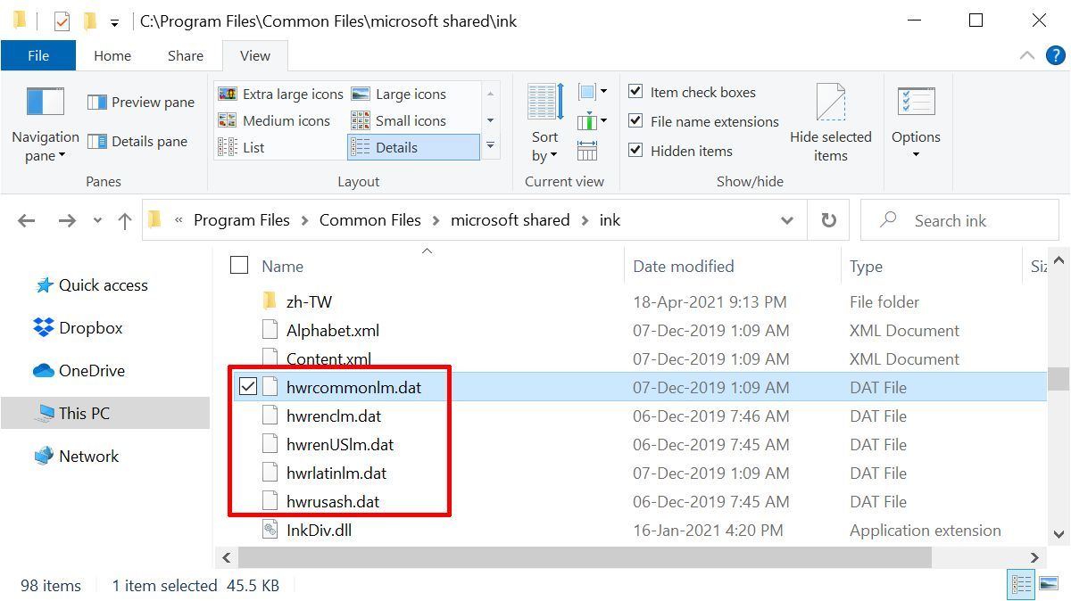 Examples of DAT files in a Windows 10 folder.