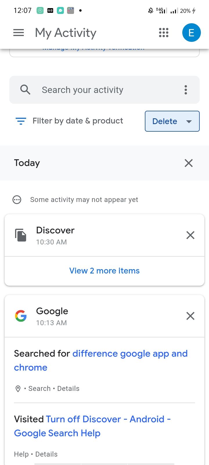 Delete Activity Option in Chrome