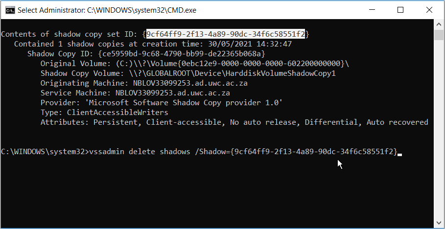 Deleting Individual Restore Points Using the Command Prompt