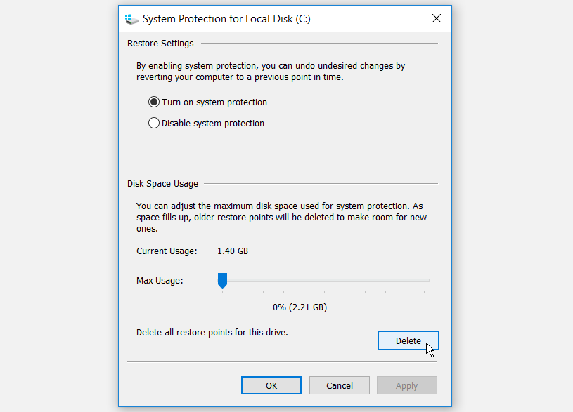 Deleting Multiple System Restore Points Using System Protection Settings