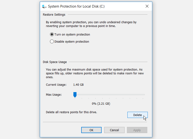 delete individual restore points windows 7