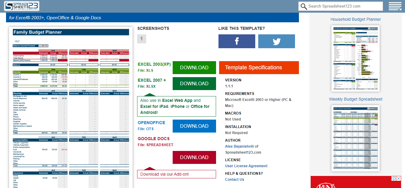 Different Download Options For Excel Template on SpreadSheet123 Website