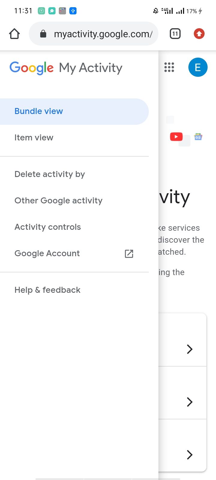Different Options in My Google Acitivty in Chrome