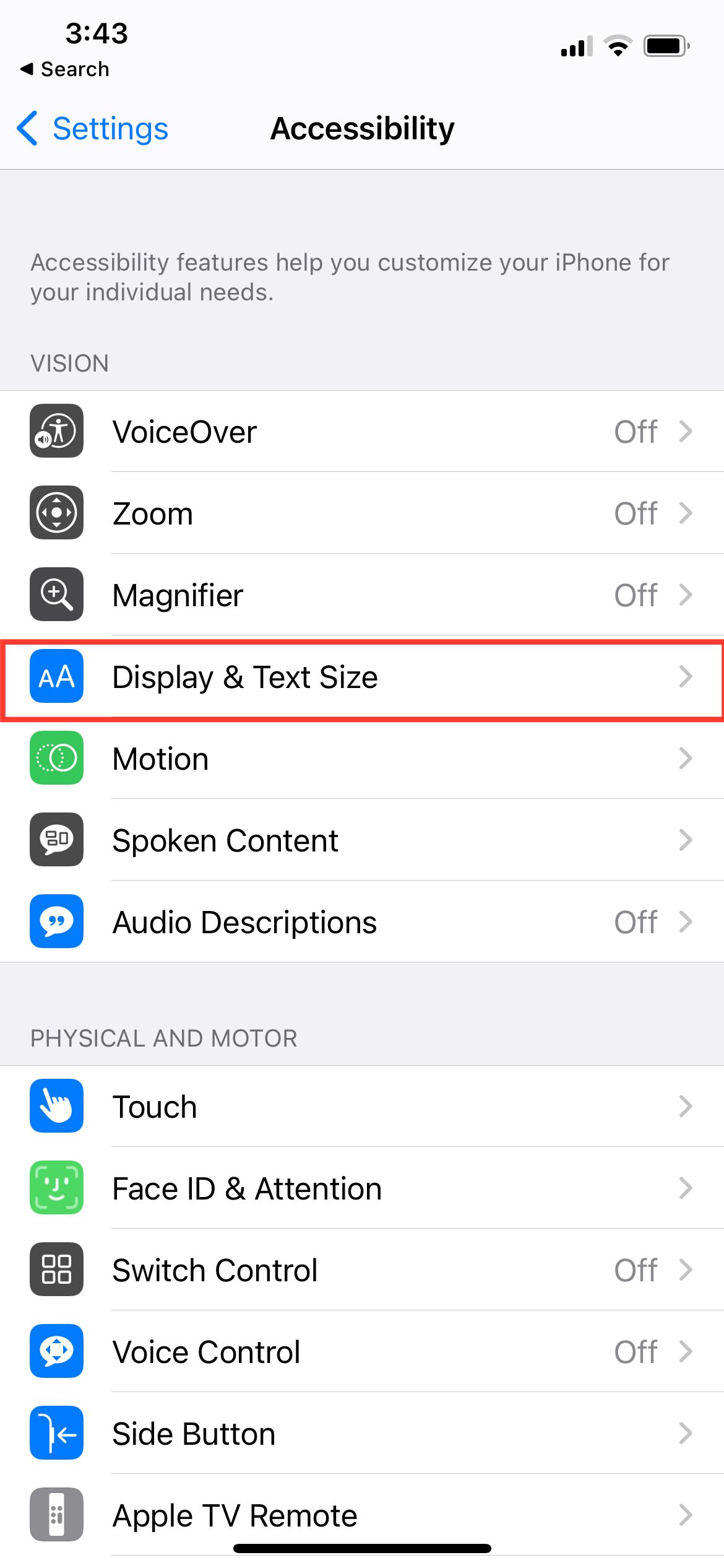 iPhone Display & Text Size settings.