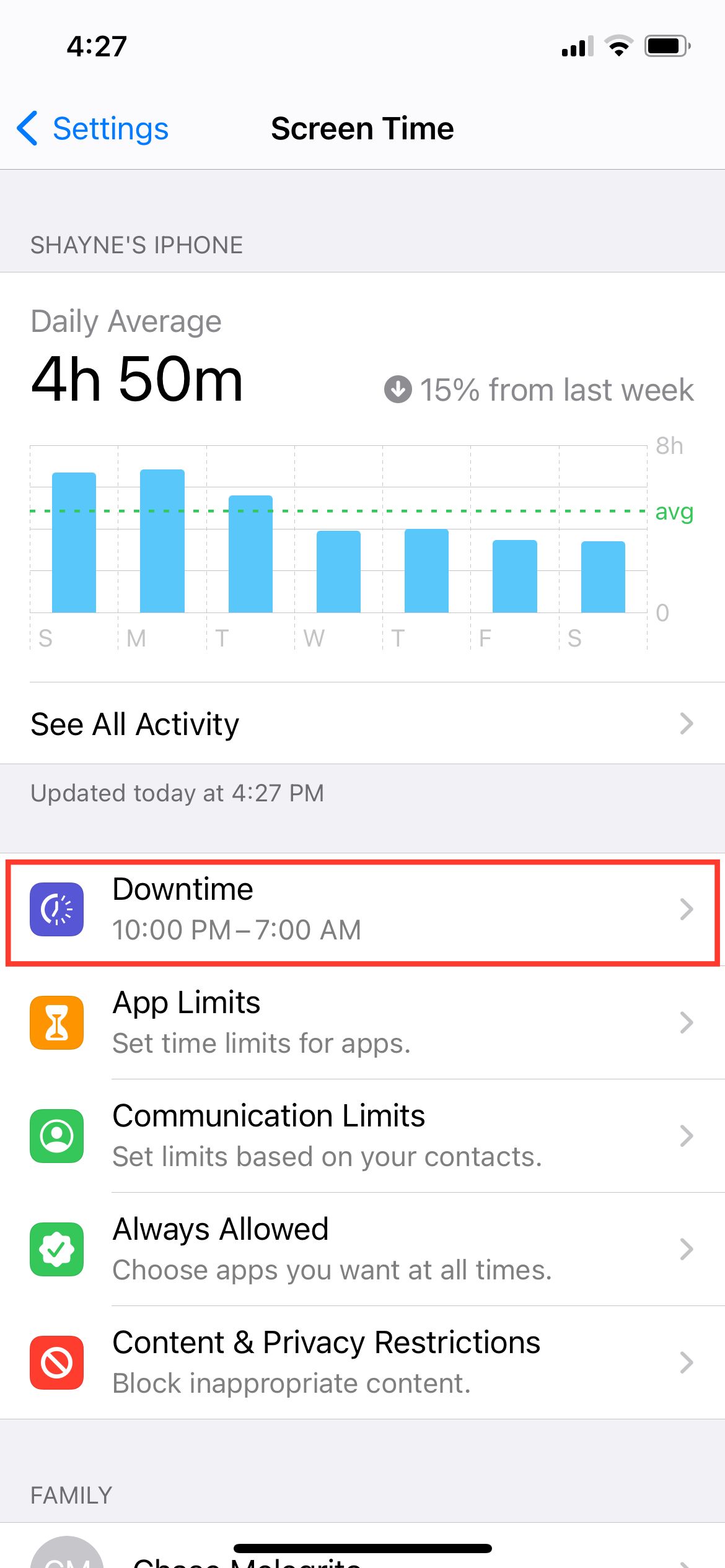 Screen Time Down Time Option