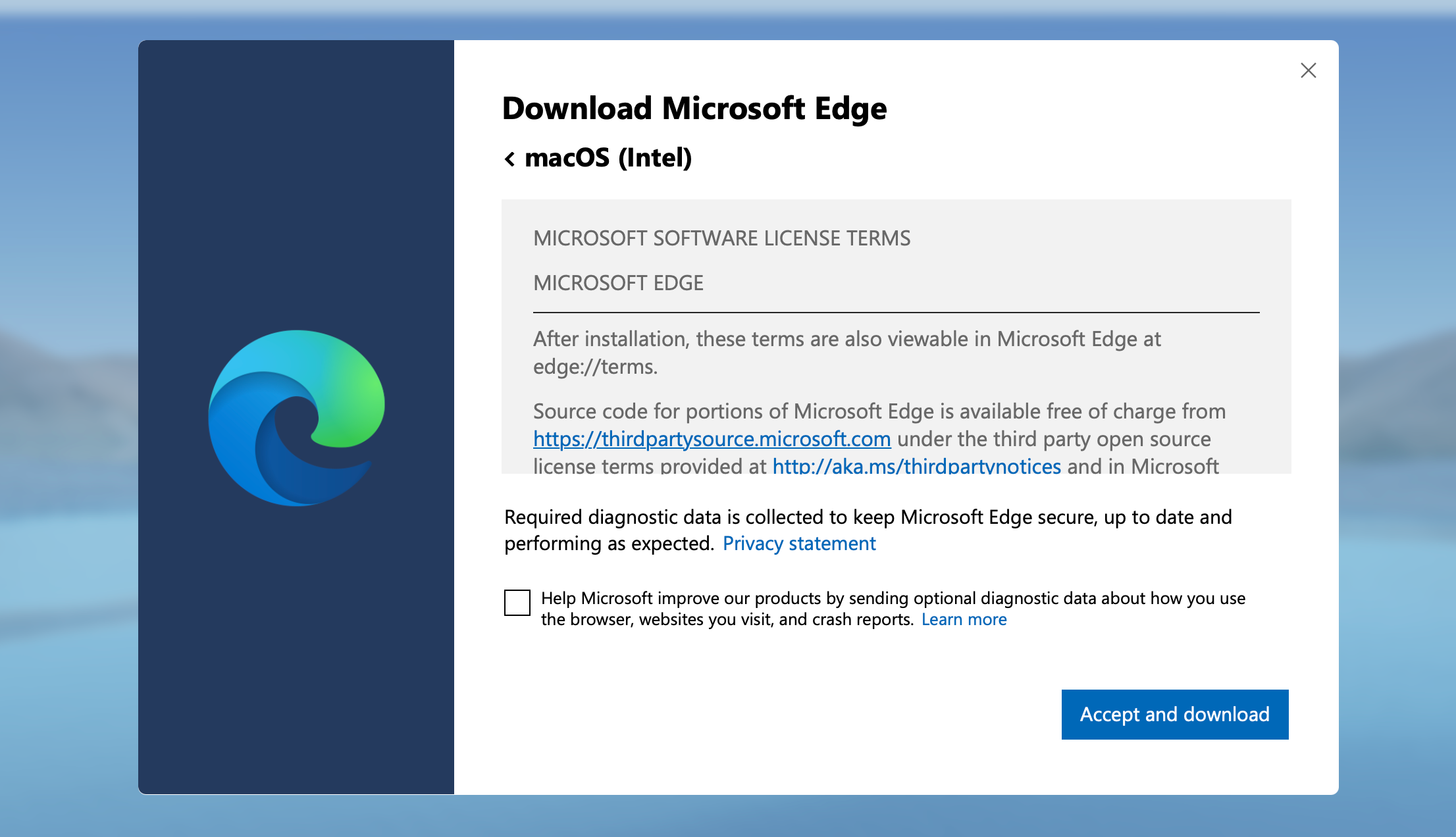 The terms of service and Accept and Download button on the Microsoft Edge website when downloading the browser