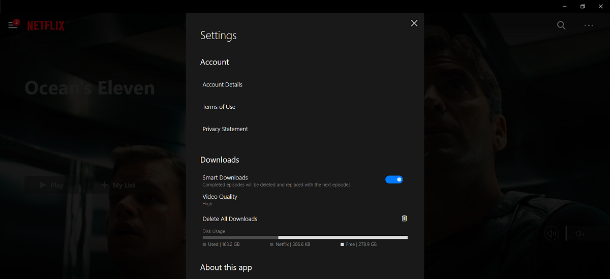 Downloads section in Netflix Windows 10 app settings