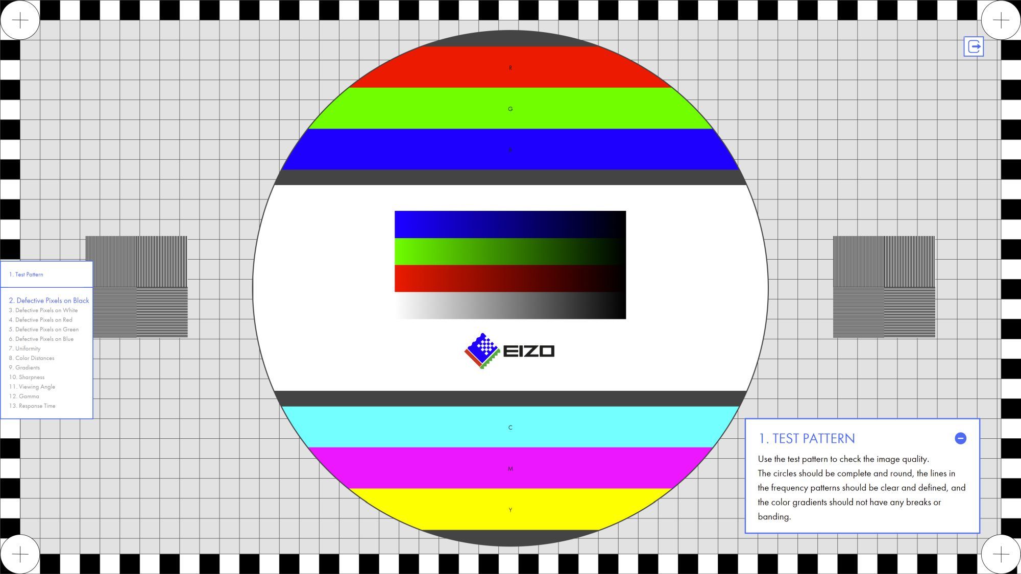 EIZO Monitor Test primeira janela de teste com extenso padrão de teste.