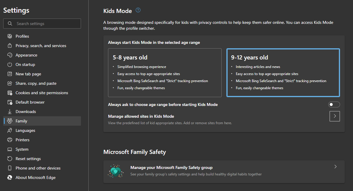 Edge Kids Mode Options