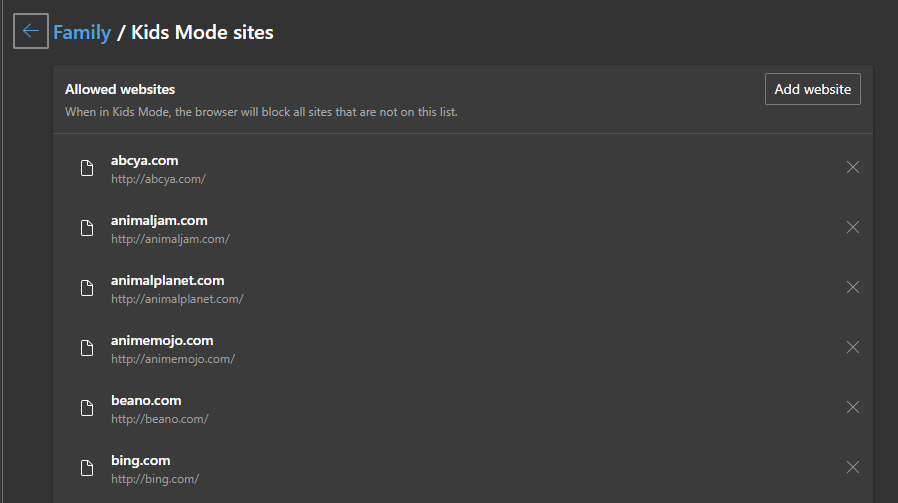 Edge Kids Mode Safe Site List