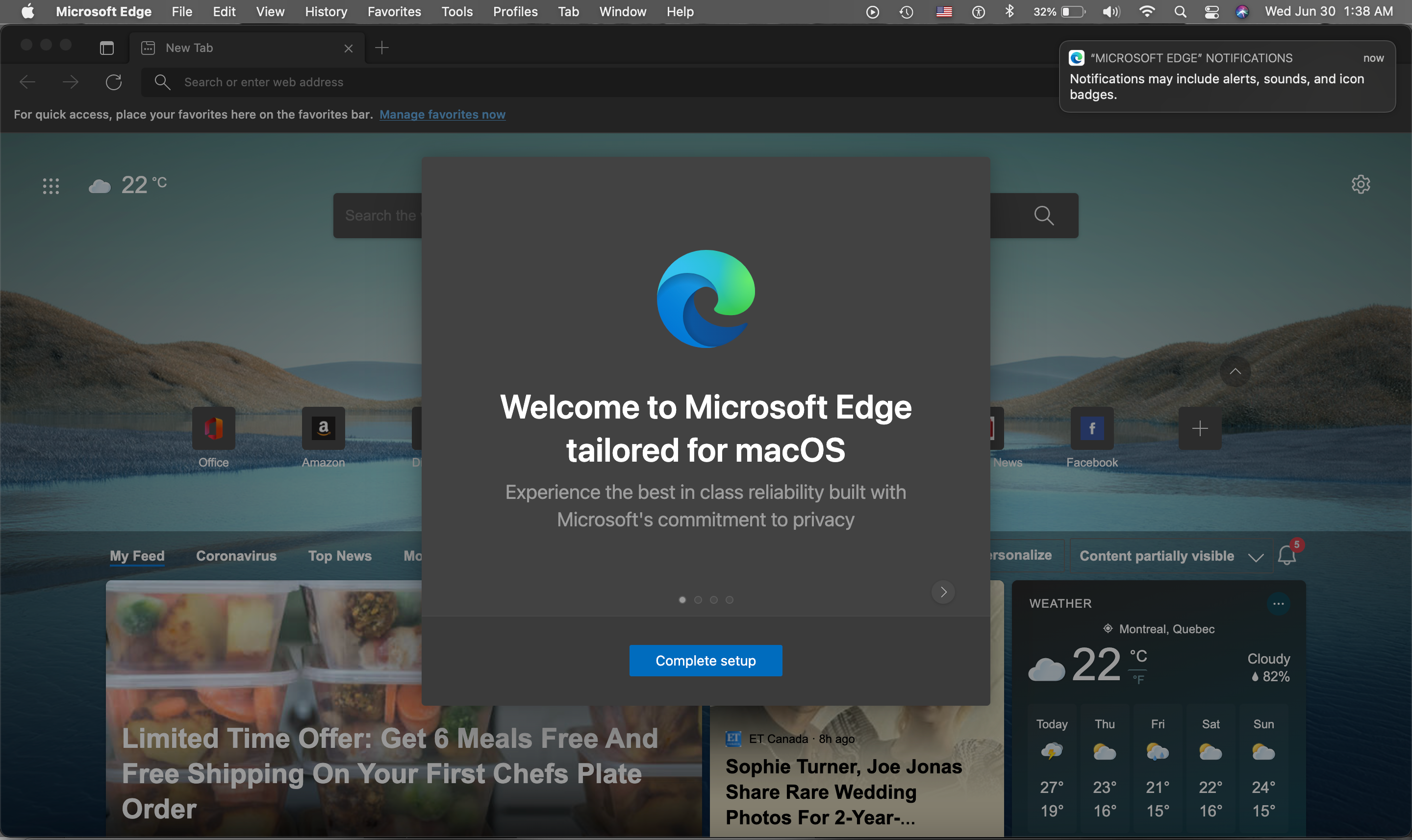 The first glimpse of Microsoft Edge when first opened on a MacBook Pro