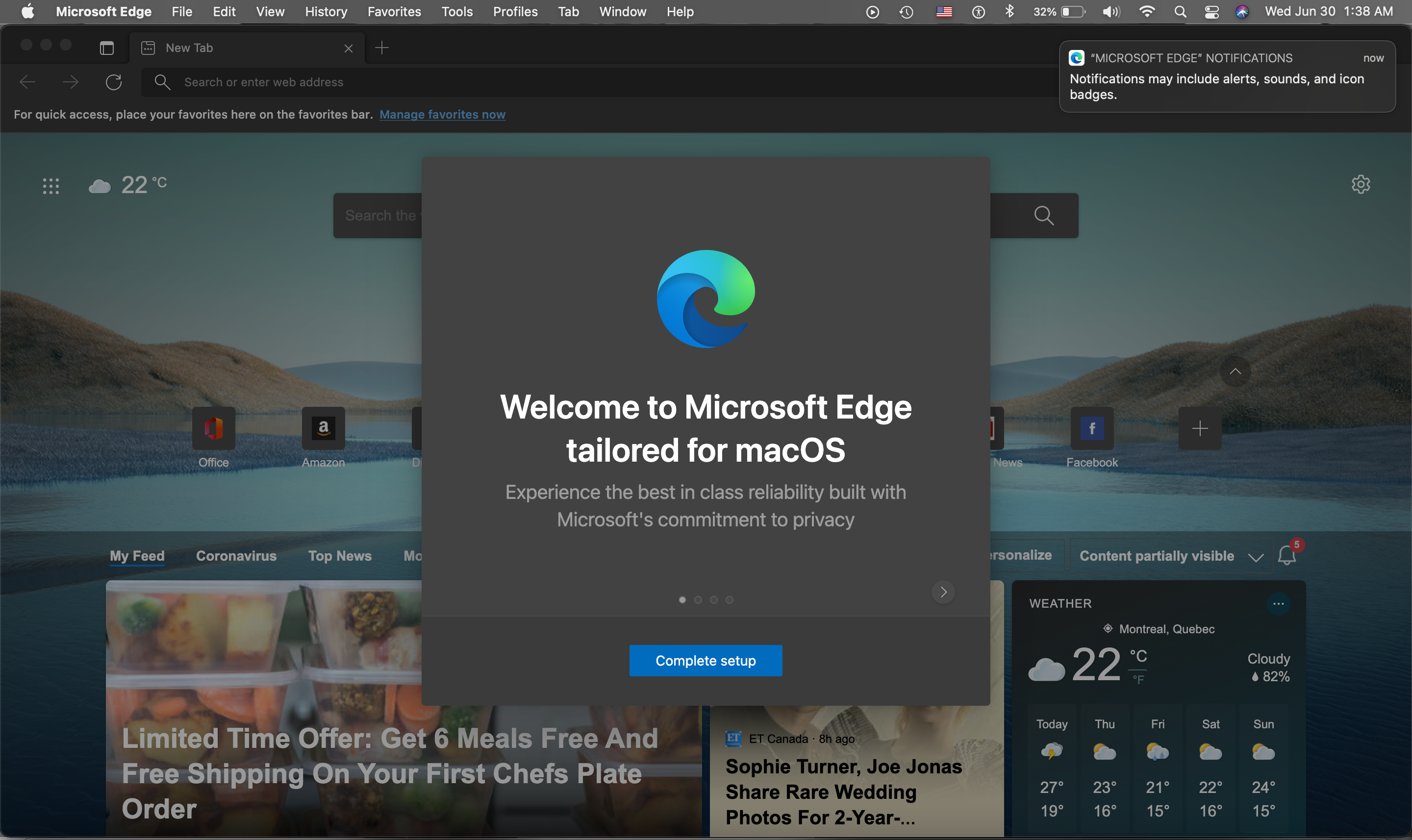 The first glimpse of Microsoft Edge when first opened on a MacBook Pro