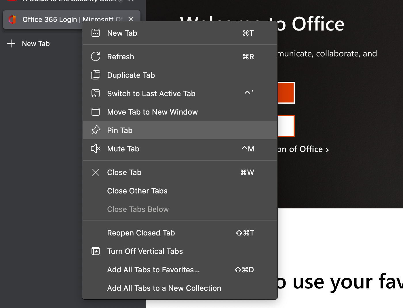 The Pin Tab option highlighted in the right-click menu on Microsoft Edge for macOS