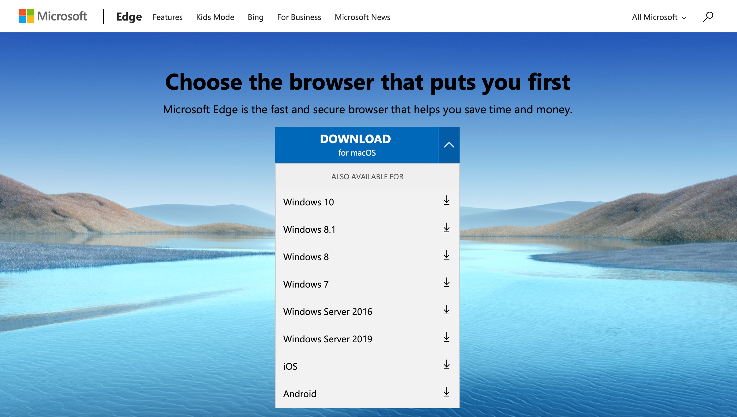 The download options on the Microsoft Edge website--macOS is selected