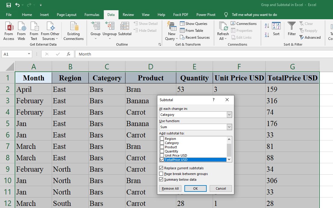 Excel Group Outline Subtotal 03 - Come raggruppare righe e colonne con contorni e subtotali in Excel