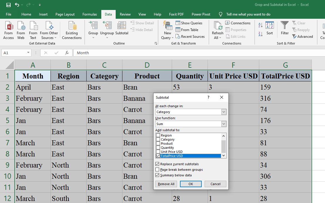 how to add multiple subtotals in excel to a final total