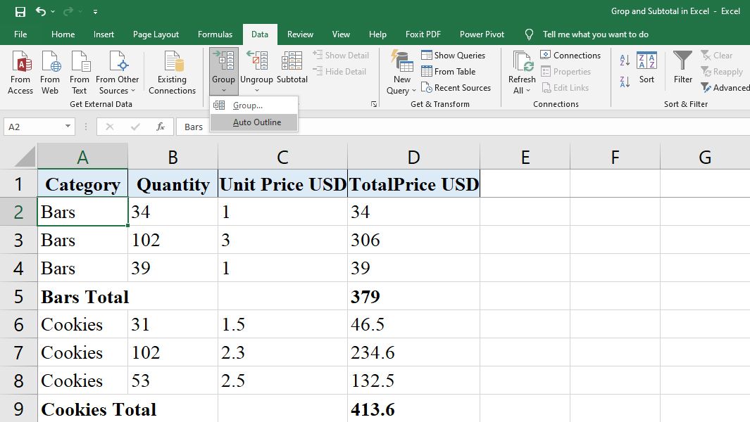 Excel Group Outline Subtotal 05 - Come raggruppare righe e colonne con contorni e subtotali in Excel