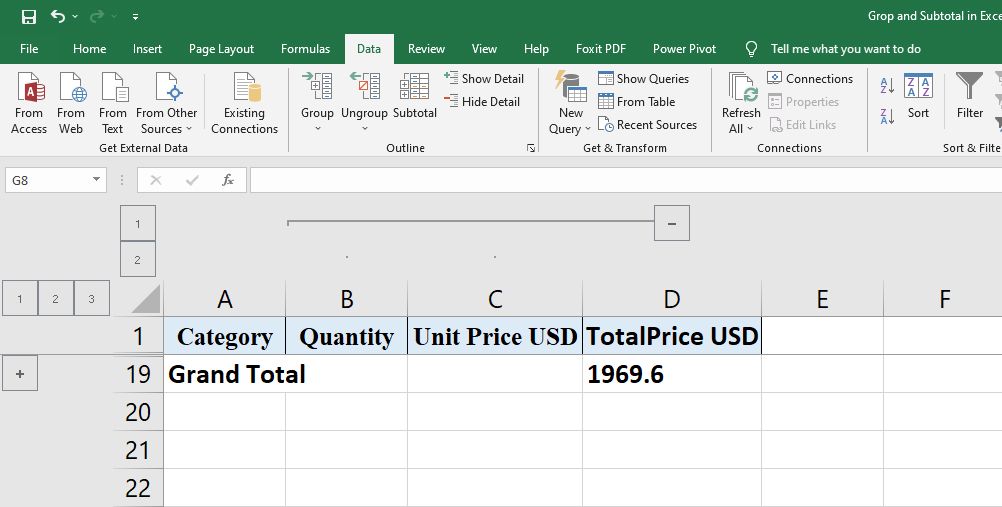 Excel Group Outline Subtotal 07 - Come raggruppare righe e colonne con contorni e subtotali in Excel