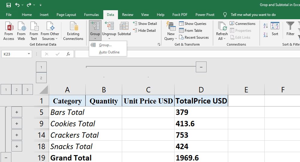 Excel Group Outline Subtotal 08 - Come raggruppare righe e colonne con contorni e subtotali in Excel