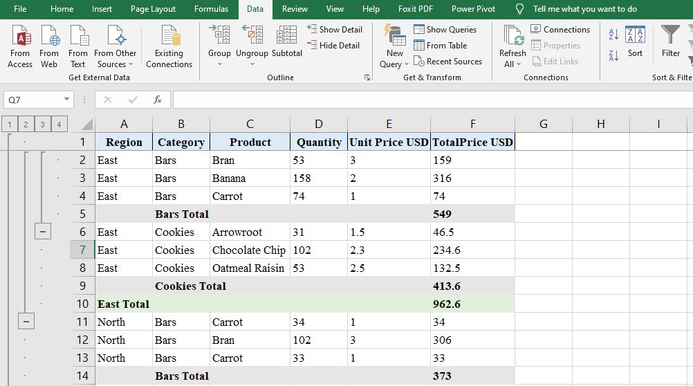 Excel Group Outline Subtotal 10 - Come raggruppare righe e colonne con contorni e subtotali in Excel