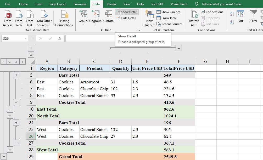 Excel Group Outline Subtotal 12 - Come raggruppare righe e colonne con contorni e subtotali in Excel
