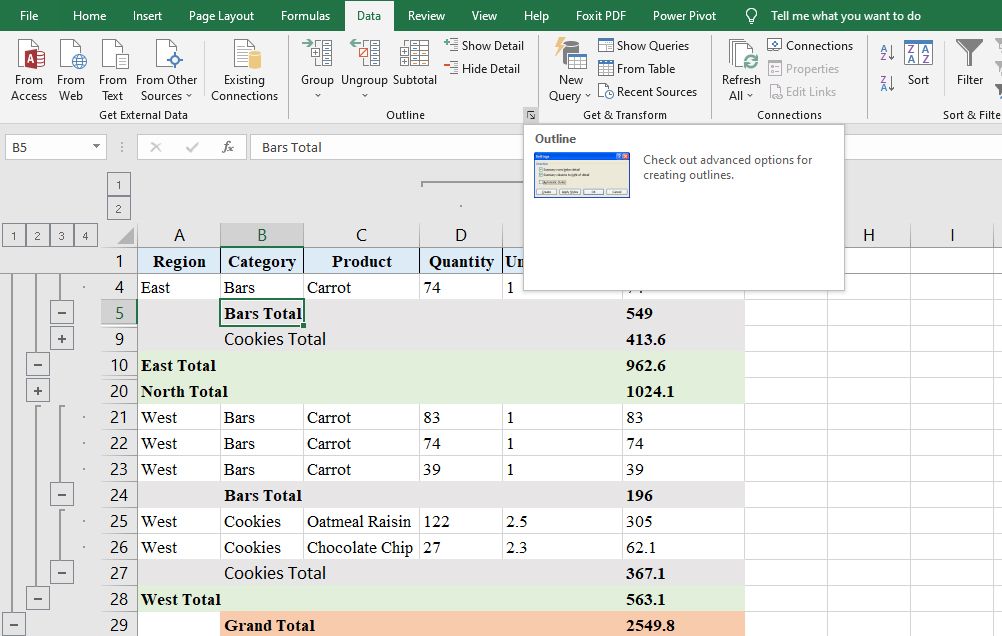 Excel Group Outline Subtotal 13 - Come raggruppare righe e colonne con contorni e subtotali in Excel
