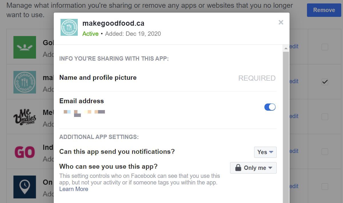 Modifier les autorisations des applications et des sites Web Facebook
