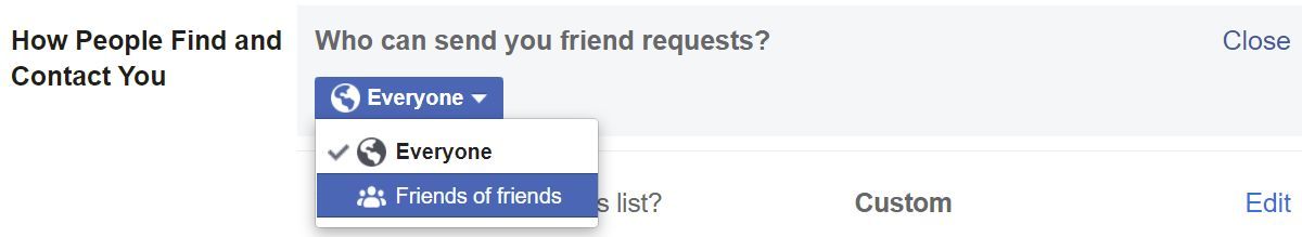 Facebook friend request settings in the Privacy section.