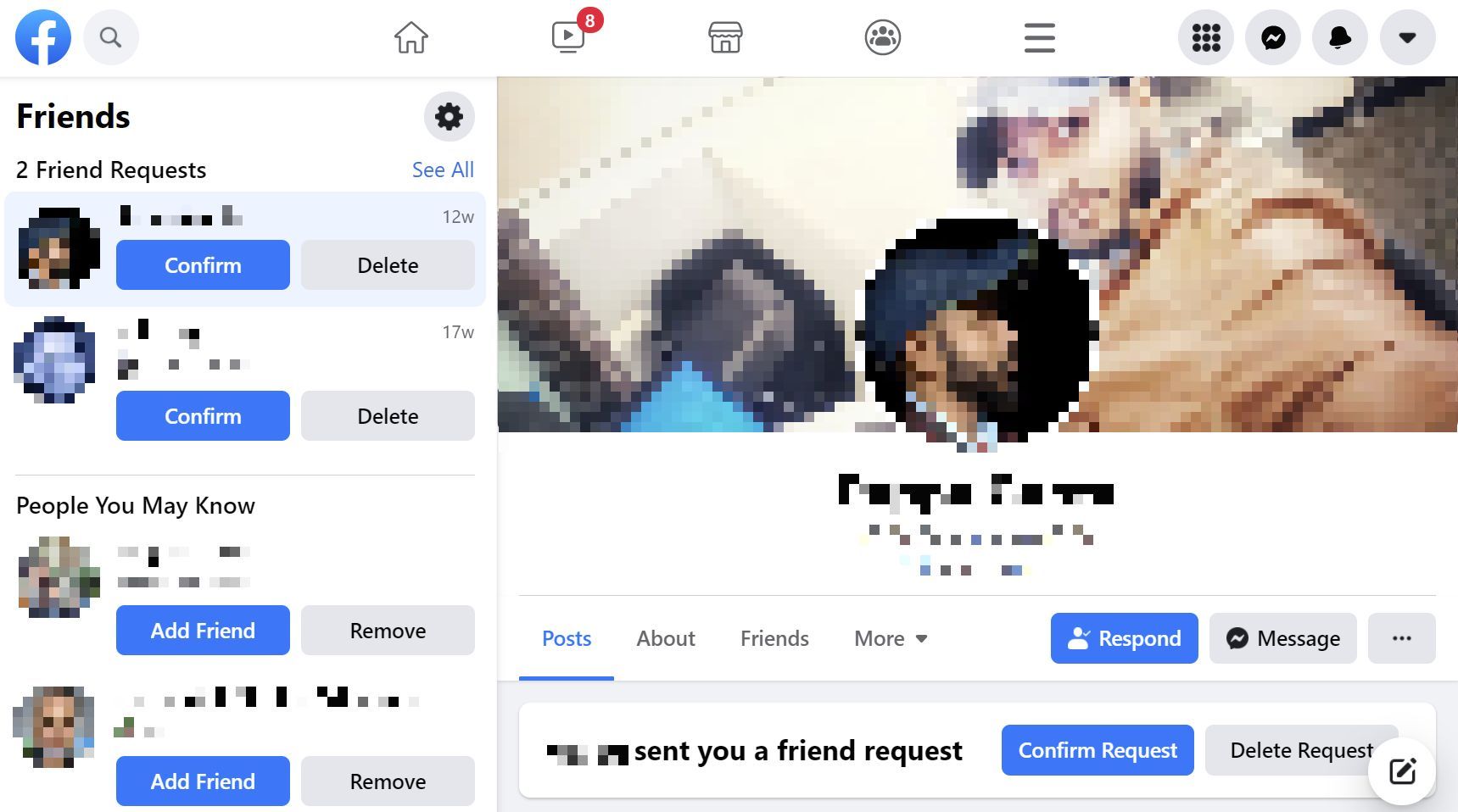 Overview of received friend requests and people you may know on Facebook.