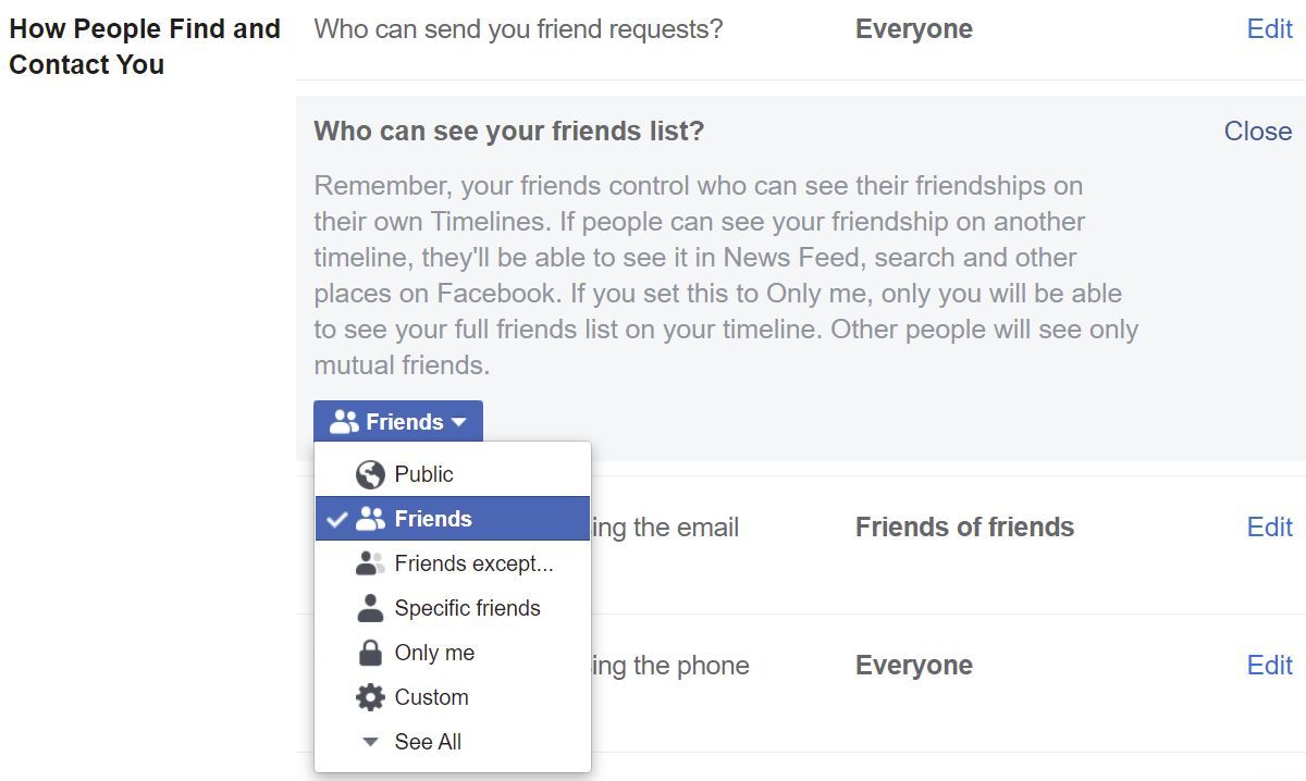 Choose who can see your Facebook friends list.