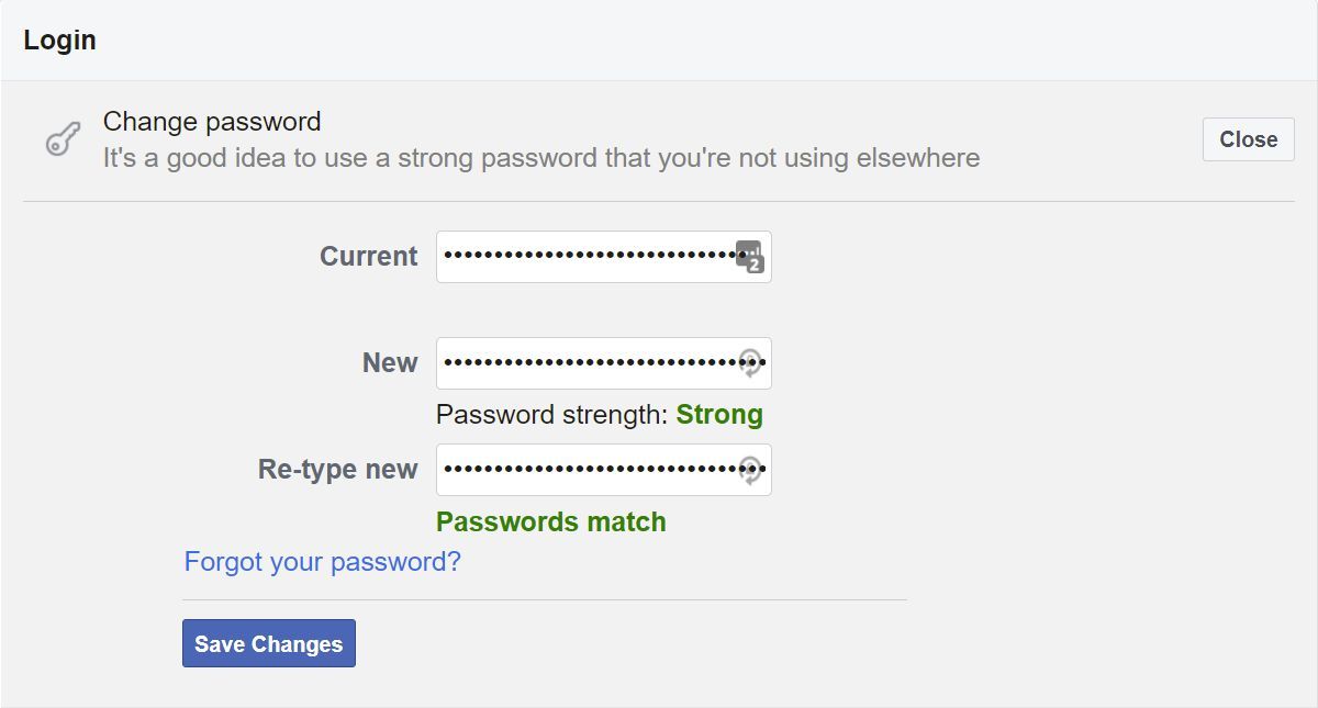 Экран смены пароля Facebook