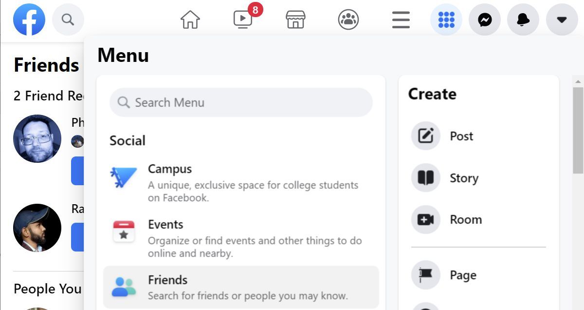 Expanded Facebook Menu with Friends option selected.