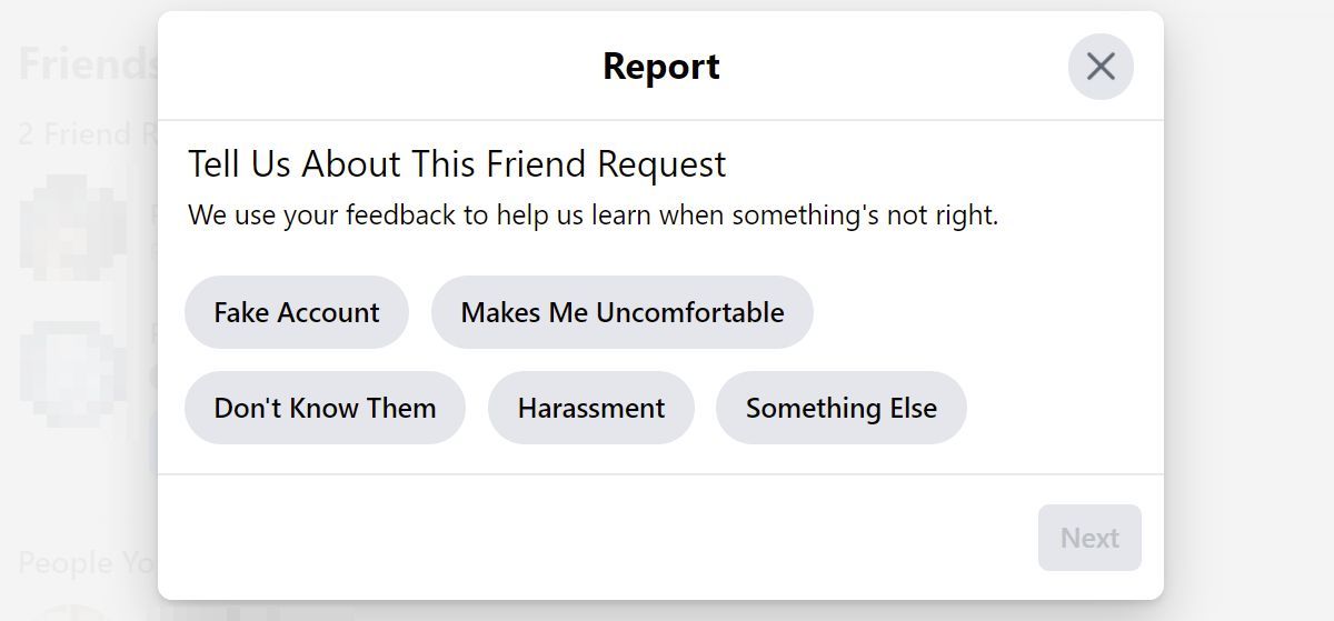 Report an unwelcome friend request on Facebook.