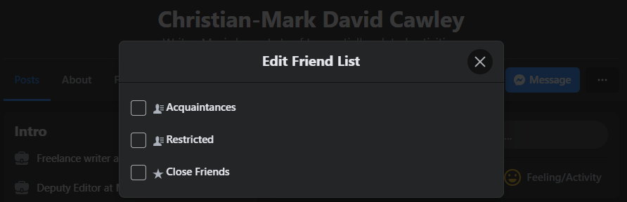 Список друзей Facebook с ограниченным доступом