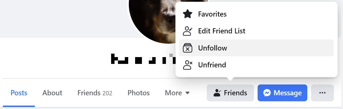 Unfollow a Facebook friend from their profile page.