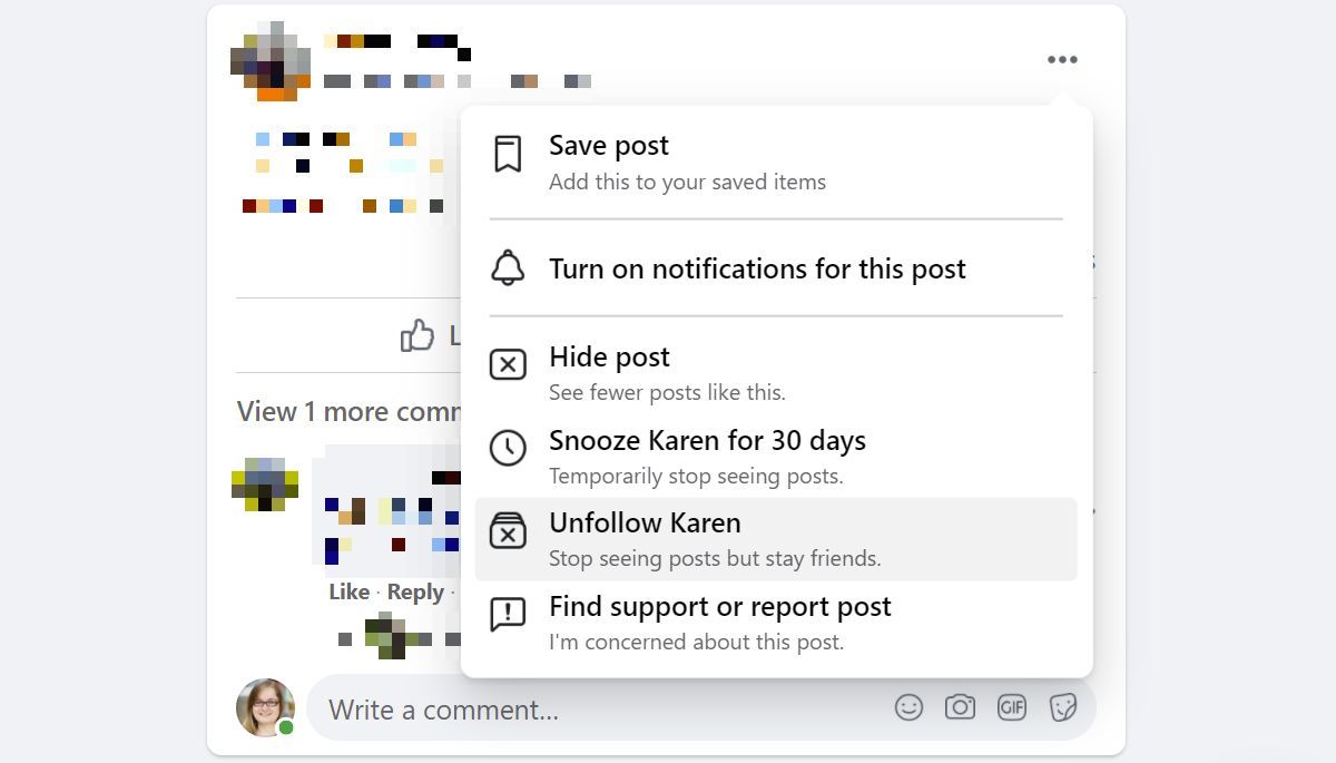 Facebook on-post menu to unfollow or snooze a friend.