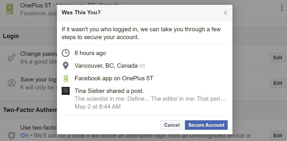 Диалоговое окно «Facebook Was This You», показывающее подробную информацию о сеансе Facebook для конкретного устройства с данными о местоположении и последней активности.