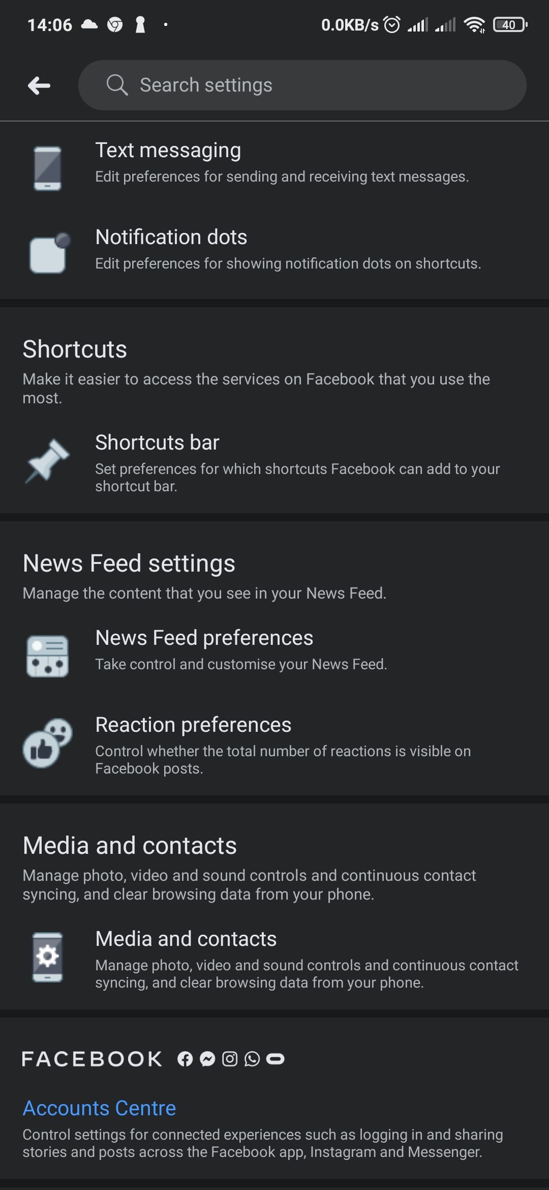 Setting options on Facebook mobile app