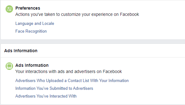 Facebook data download preferences ads