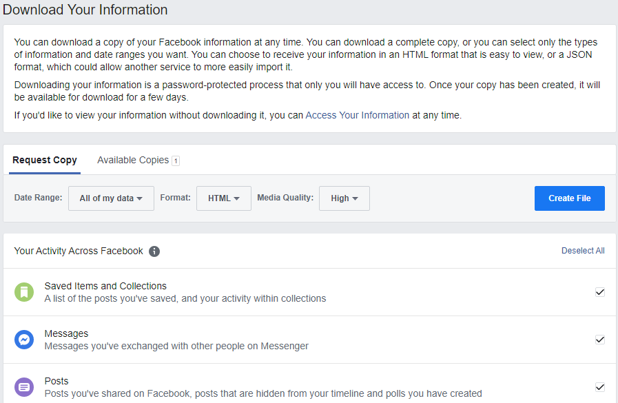 Facebook download your information