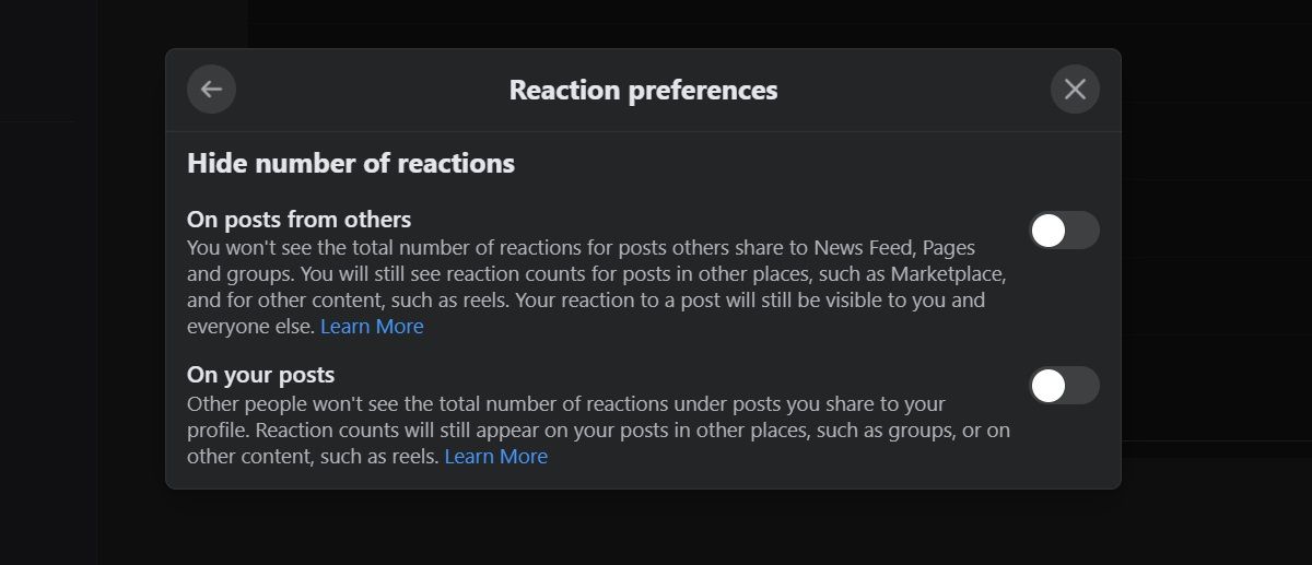 Reaction preferences on Facebook web