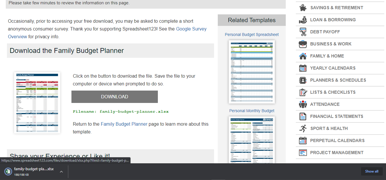 Final Confirmation To Download Template on SpreadSheet123 Website