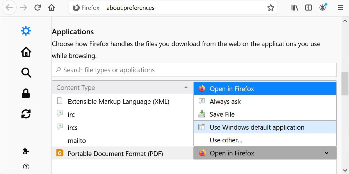 screen capture of Firefox PDF reader settings preview in Firefox