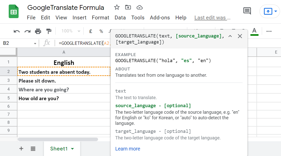 Formula Help Showing Syntax and Formula Implementation in Google Sheets