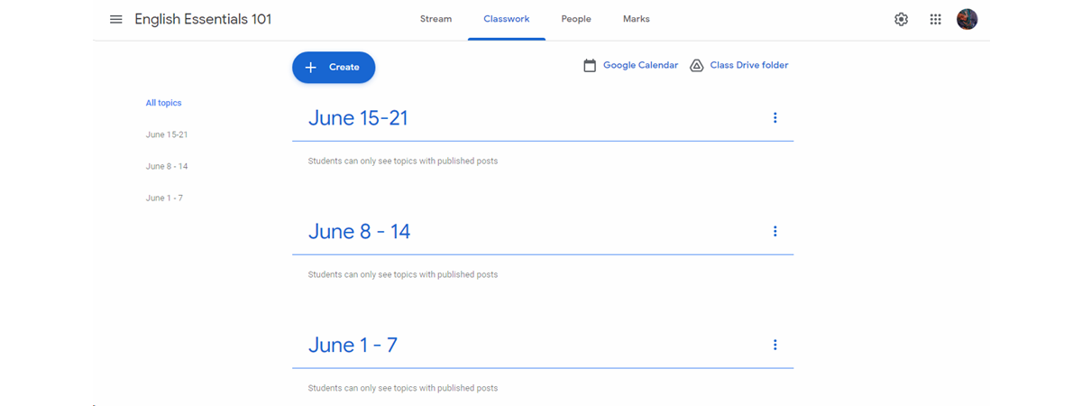 Google classroom topics section