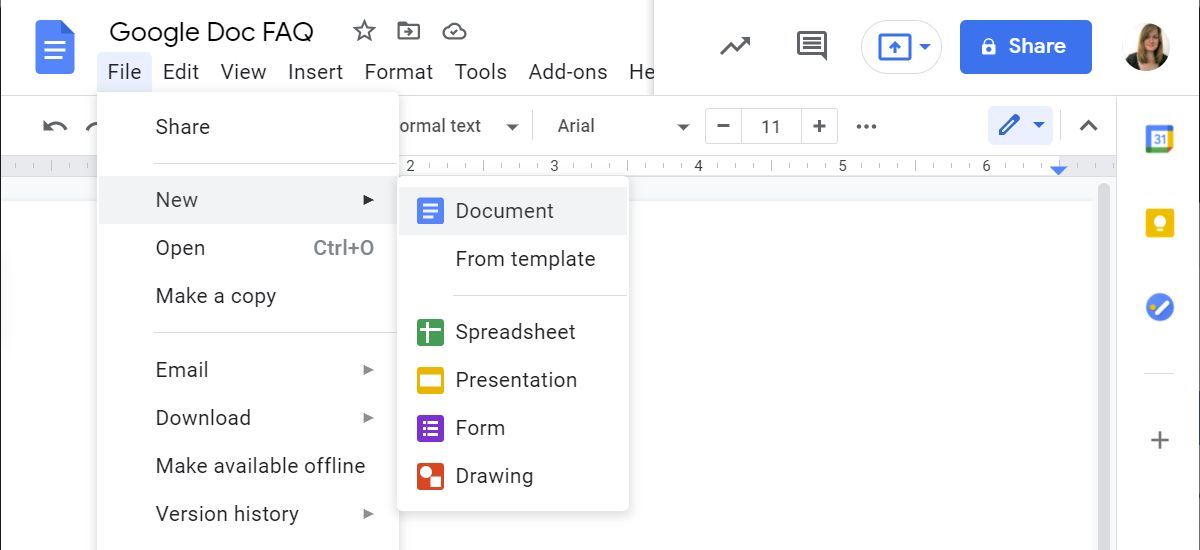 Create a new Google Doc from the File menu inside an existing Google Doc.