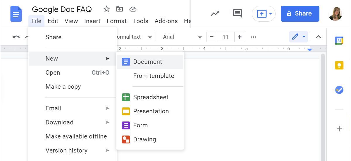 یک Google Doc جدید از منوی File در یک Google Doc موجود ایجاد کنید.